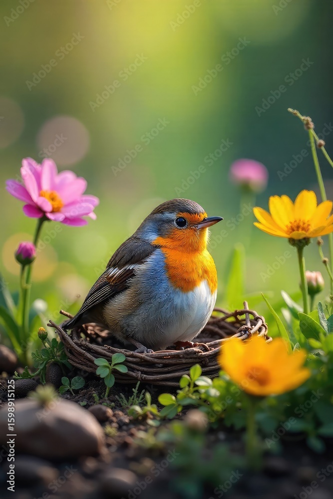 Fototapeta premium A robin's egg nestled amongst vibrant spring wildflowers, a perfect hidden treasure of nature's artistry A delightful image representing renewal and new life , petal, blue, botany