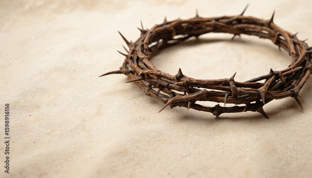 Fototapeta premium Crown of thorns on beige background Jesus Christ suffering, death. Object represents Christian faith sacrifice, theological, spiritual concepts. Wooden artifact evokes profound religious themes.