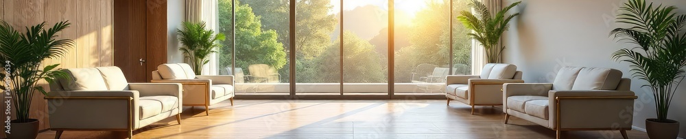Fototapeta premium A serene, modern mediation center interior featuring comfortable seating, neutral colors, and natural light, promoting a calm and peaceful atmosphere for conflict resolution , process, mediation