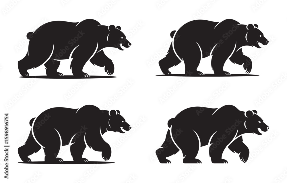 Naklejka premium Four black silhouette illustrations of a walking bear with friendly expressions and designs