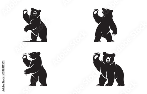 Vector illustrations of black bears in different poses offering a waving gesture