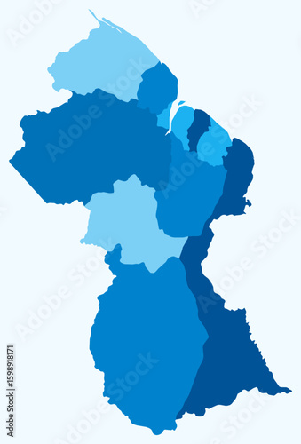 Map of Guyana with regions. Just a simple country border map with region division. Light blue color palette. Flat Co-operative Republic of Guyana shape with administrative division.