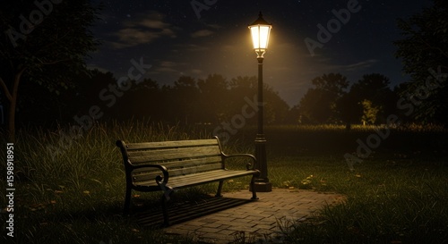 Park bench and lamppost at night