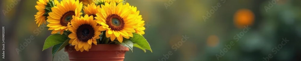 Obraz premium A vibrant bouquet of sunflowers in a rustic terracotta pot, embodying the joyful spirit of gifting life and growth , life, farmhouse, gift
