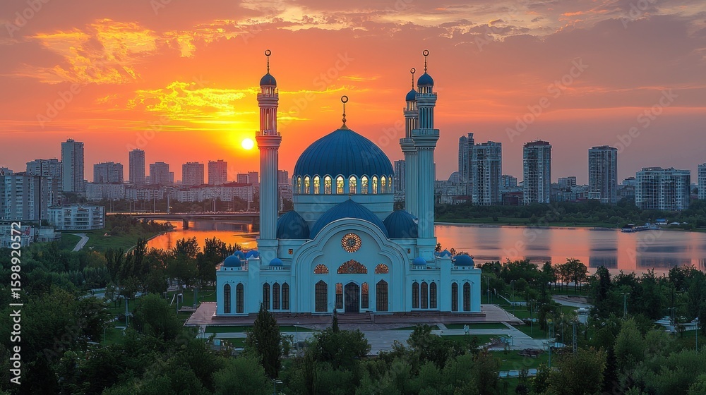 Naklejka premium Majestic Mosque at Sunset: A Breathtaking Cityscape