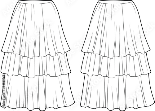 Women’s tiered flared skirt fashion sketch front and back views with layered ruffle hem, waistband detail, cad drawing flat vector illustration