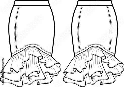 Women’s pencil skirt fashion sketch front and back views with layered ruffle hem, fitted waistband, slim silhouette, cad drawing flat vector illustration