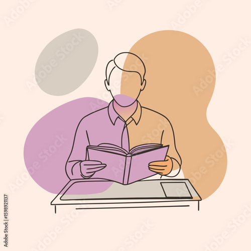 Vector silhouette of a teacher sitting at a desk, reading a book or reviewing exam papers 