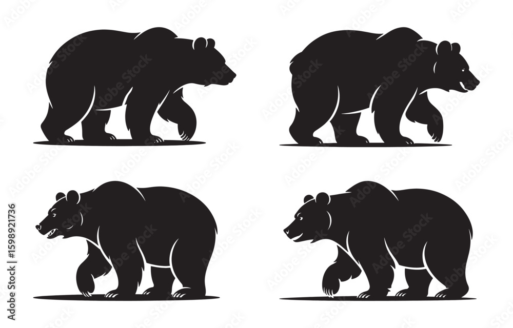 Fototapeta premium Silhouetted bear illustrations depicting various poses for wildlife and nature themed designs
