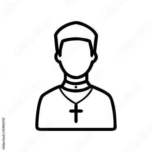 A person wearing a clerical collar and cross pendant in outline style, black and white drawing design art