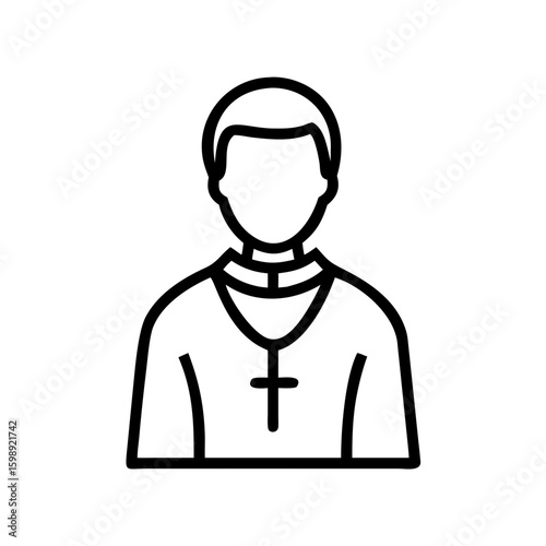 Outline drawing of a person wearing a clerical collar and a cross pendant in simple style design