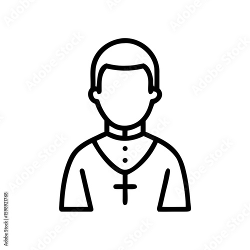 Outline drawing of a religious figure wearing a clerical collar and cross pendant design element