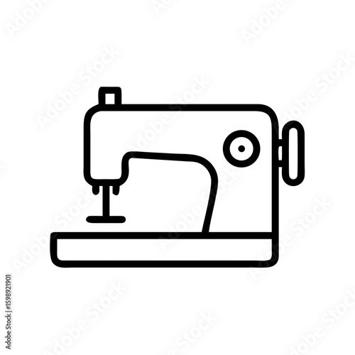 A simple graphic showing a sewing device with a needle and crank in black outline style design here