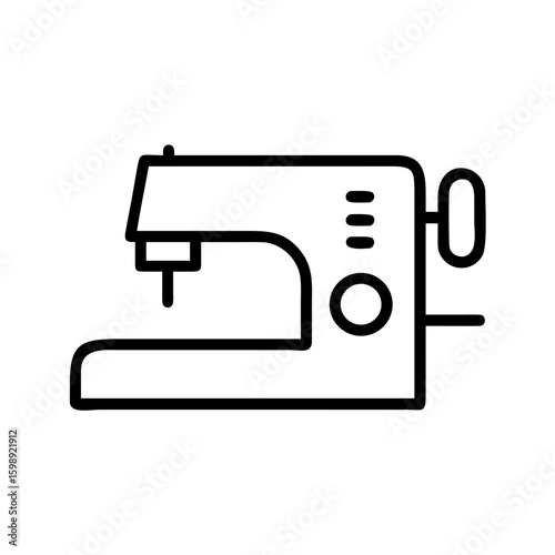 A simple graphic of a sewing implement with a needle and a wheel on the right side shown in black