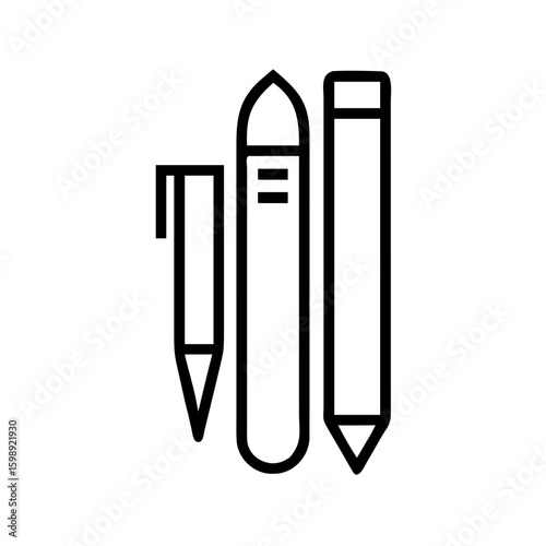 Three writing implements displayed in a simple line drawing with distinct shapes and design elements