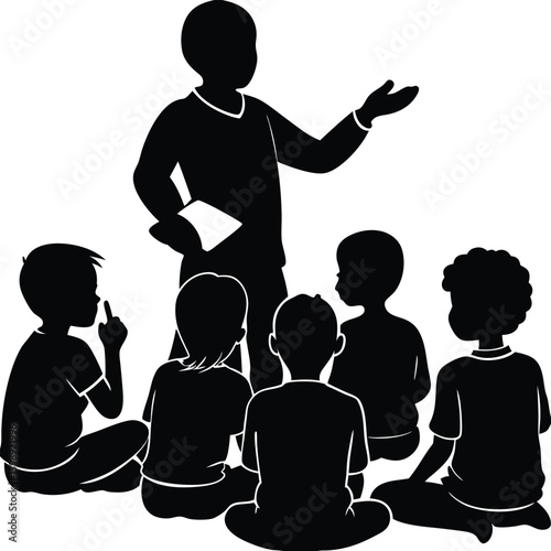 Vector silhouette of a teacher sitting in front of a group of small children, telling a story
