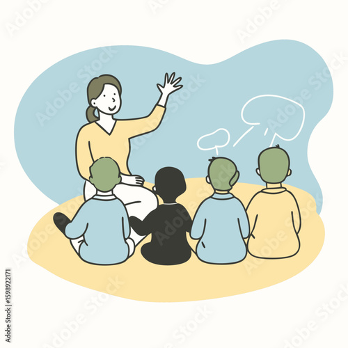Vector silhouette of a teacher sitting in front of a group of small children, telling a story