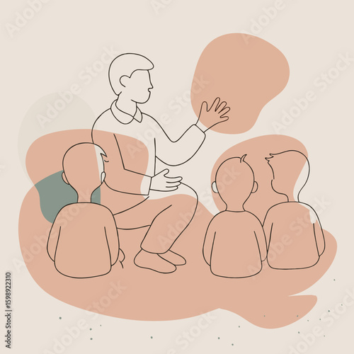 Vector silhouette of a teacher sitting in front of a group of small children, telling a story