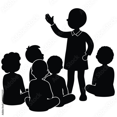 Vector silhouette of a teacher sitting in front of a group of small children, telling a story