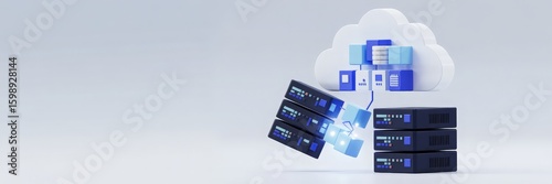 3D render of data migration from physical servers to a cloud computing platform