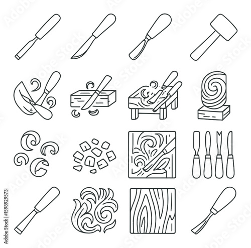 Woodworking linear icon set. containing carving tools, mallet, chisel, wood grain, and more.