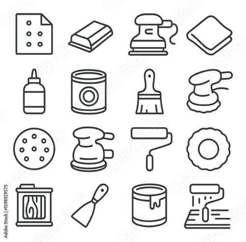 Renovation linear icons set. includes sander, roller, paintbrush, sandpaper, putty knife, and more.