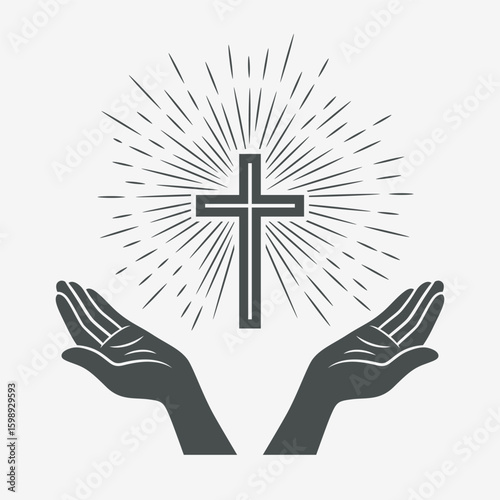 Black and White Open Hands with Cross and Divine Light, Symbol of Faith and Prayer. Design Template for Church Logo. Prayer, Religion Concept Monochrome Cut Out Silhouette Icon. Vector Illustration