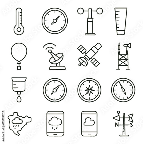 Weather linear icon set. containing thermometer, compass, satellite, wind vane, rain gauge, and more.