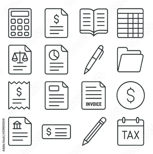 Finance linear icon set. includes calculator, documents, balance, invoice, receipt, checkbook, and tax.