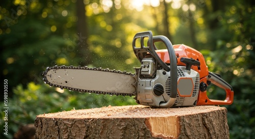 Chainsaw on tree stump, sunlit forest