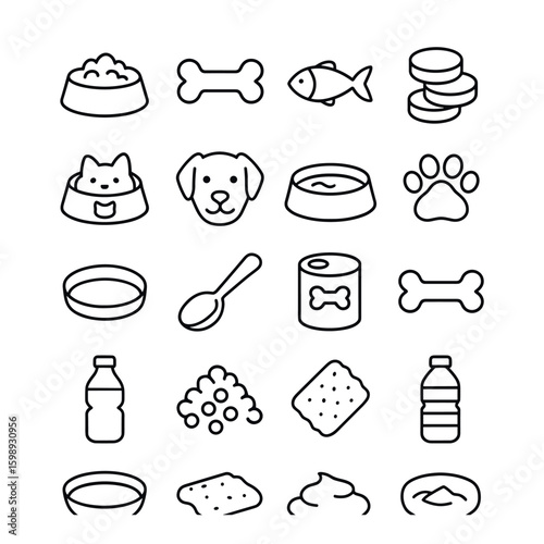Pet care linear icon set. featuring food bowl, bone, fish, pills, paw, water, treats, and more.