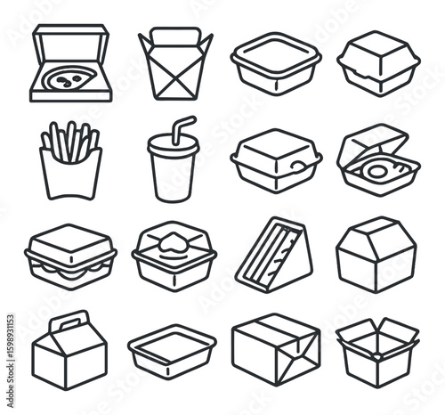 Food containers linear icon set. featuring pizza box, takeout box, burger container, fries packet, drink cup
