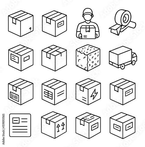 Delivery linear icon set. including package, courier, tape, truck, shipping, label, logistics, cargo, fragile, transport.