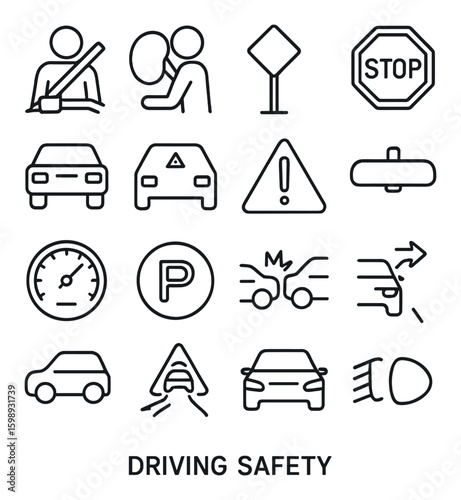 Driving safety linear icon set. includes seatbelt, airbag, stop, caution, speedometer, parking, collision, and more.