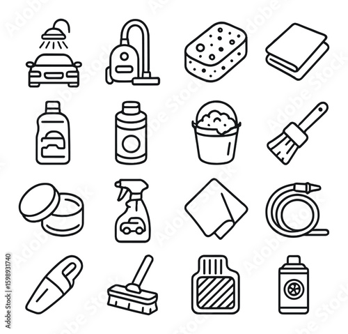 Car wash linear icons set. includes shower, vacuum, sponge, soap, bucket, brush, spray, hose.