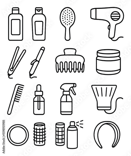 Hair care linear icon set. including shampoo, conditioner, hairbrush, hairdryer, curler, spray, comb, and more.