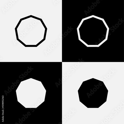 Geometric octagon shape set vector illustration featuring outline and solid fill variations in black, white, and grey, ideal for abstract backgrounds, polygon design elements, and digital artwork.