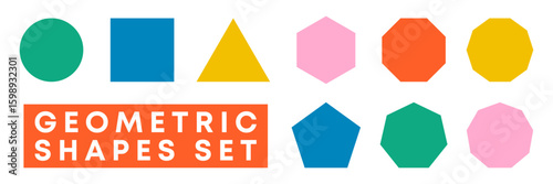 Geometric shapes set vector illustration featuring a vibrant collection of colorful solid forms including circles, squares, triangles, pentagons, hexagons, and decagons for diverse design projects.