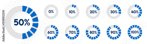 Percentage number icon set vector illustration featuring segmented blue radial pie charts displaying progress from 0% to 100%, perfect for data visualization, infographics, and loading indicators.