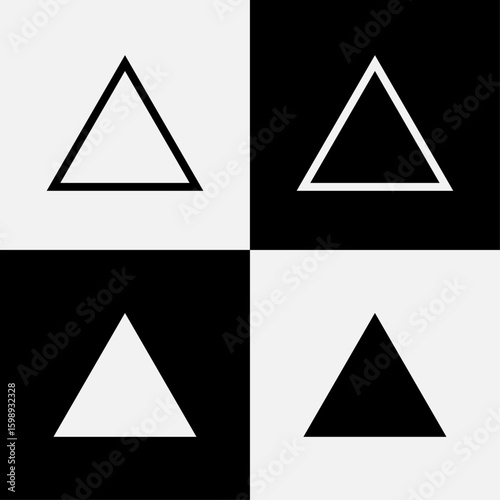 Geometric triangle shape icon set vector illustration featuring outline and solid fill variations in black and white, ideal for abstract backgrounds, and polygon graphic design projects.