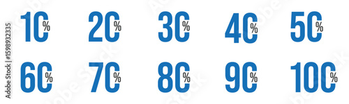 Percentage number icon set vector illustration featuring large blue numeric values from 10% to 100%, perfect for displaying progress, discounts, and statistical data in a clear and modern style.