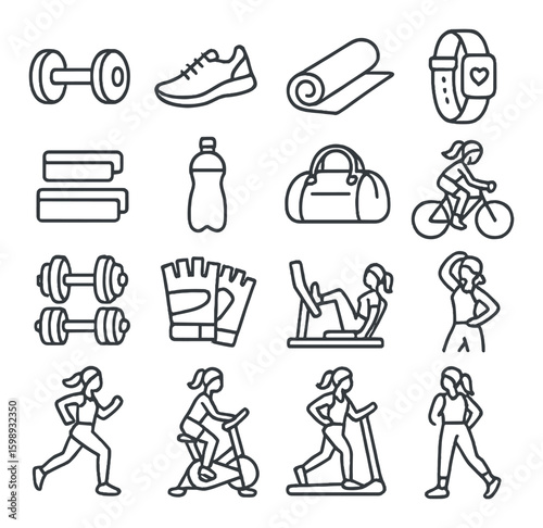 Fitness linear icon set. including dumbbell, running shoes, yoga mat, cycling, treadmill, and more.