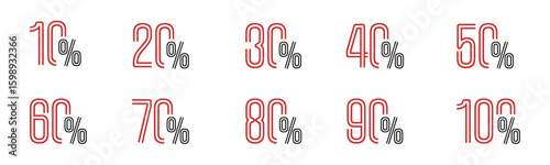 Percentage number icon set vector illustration featuring unique red and black outlined numeric values from 10% to 100%, perfect for displaying stylized progress, discounts, and statistical data.