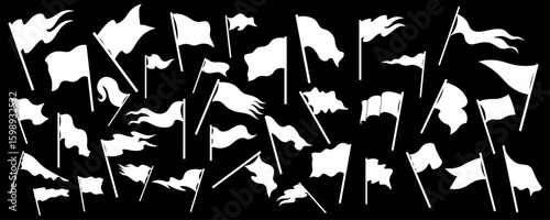 Flag silhouette icon set vector illustration featuring collection of white waving, fluttering, and ripped flag shapes with poles perfect for graphic design, national symbols, and protest concepts.