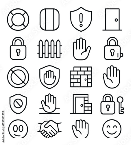 Security and safety linear icon set. containing lock, shield, hand, door, fence, wall, warning, privacy, and more.