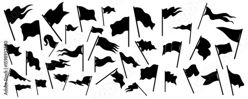 Flag silhouette icon set vector illustration featuring collection of black waving, fluttering, and ripped flag shapes with poles perfect for graphic design, national symbols, and protest concepts.