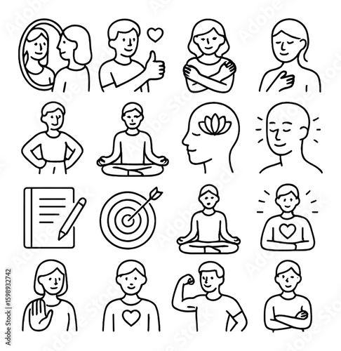 Mental health linear icons set. featuring meditation, therapy, mindfulness, peace, self-care, and wellness symbols.