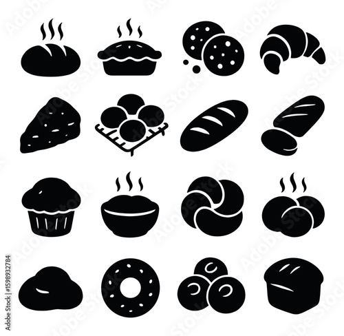 Bakery silhouette icon set. containing bread, pie, cookies, croissant, muffin, donut and more.