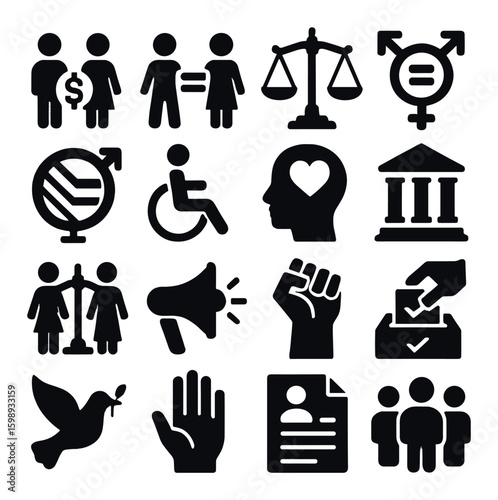 Social justice silhouette icon set. containing equality, gender, balance, rights, vote, peace, empowerment, and more.
