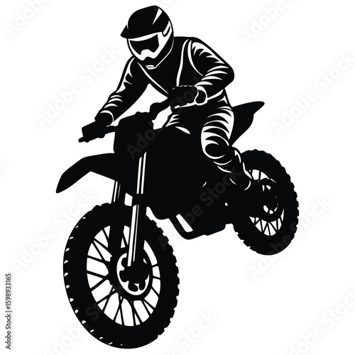 Black silhouette of a dirt bike rider jumping high in the air illustration